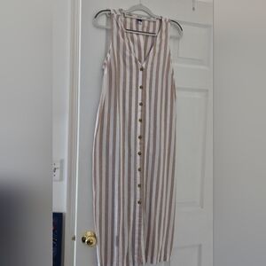 EUC!! OLD NAVY TAN & WHITE STRIPED LINEN BLEND MIDI DRESS, SIZE LARGE